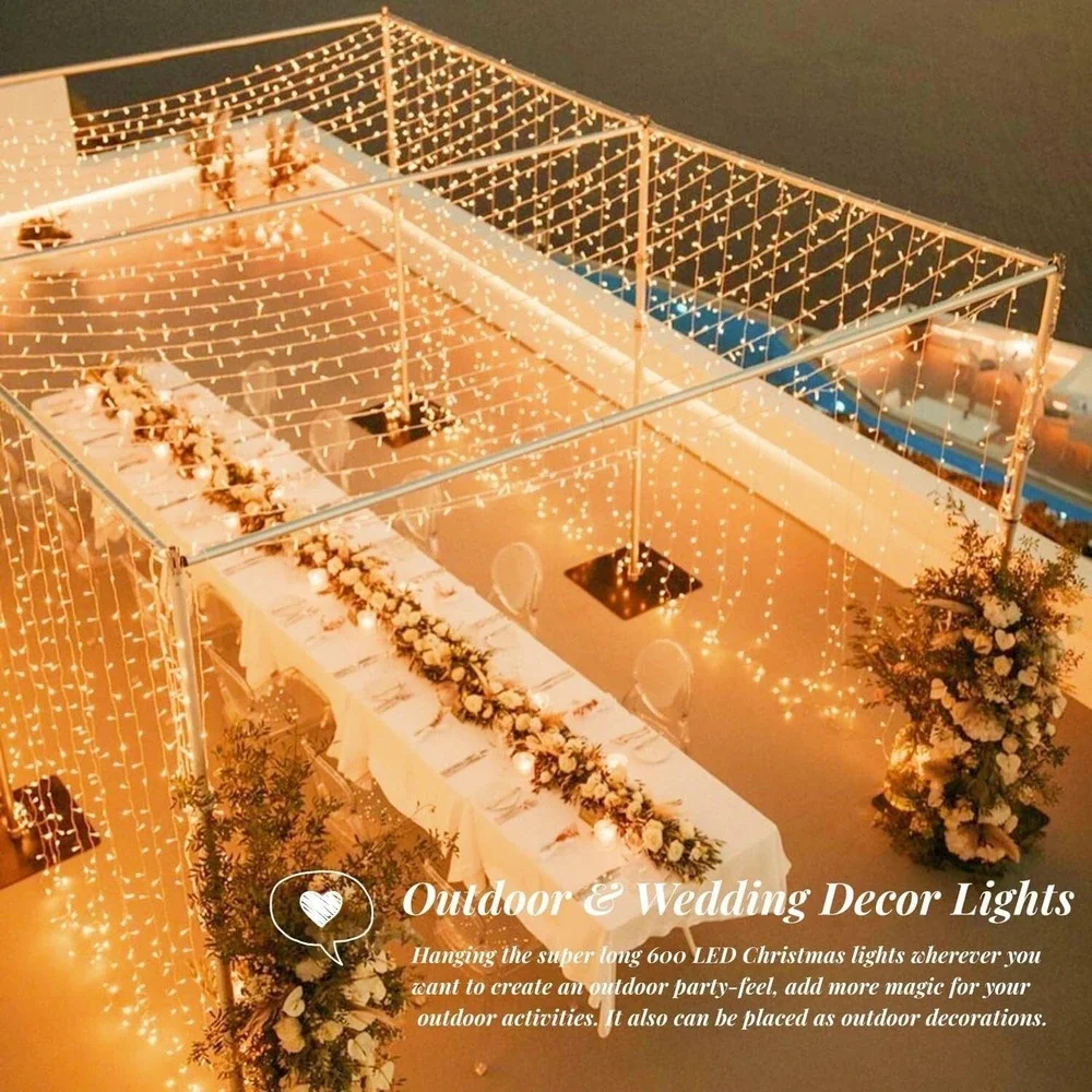 600 LED Christmas Lights Outdoor Indoor String Lights 8 Modes Warm White 206 FT
